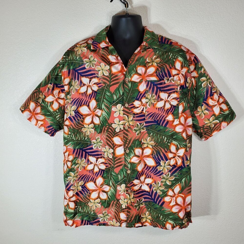 Uzzi Mens XL Hawaiian Floral Short Sleeve Shirt Green/Orange Tropical Button-Up